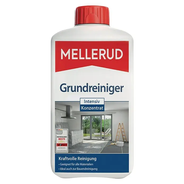 Mellerud Grundreiniger Intensiv - 1 l, Flasche mit kindergesichertem Verschluss - Weiße Mellerud Grundreiniger Flasche mit roter Kappe, ein Intensivreiniger-Konzentrat für alle Materialien und Bauendreinigung.