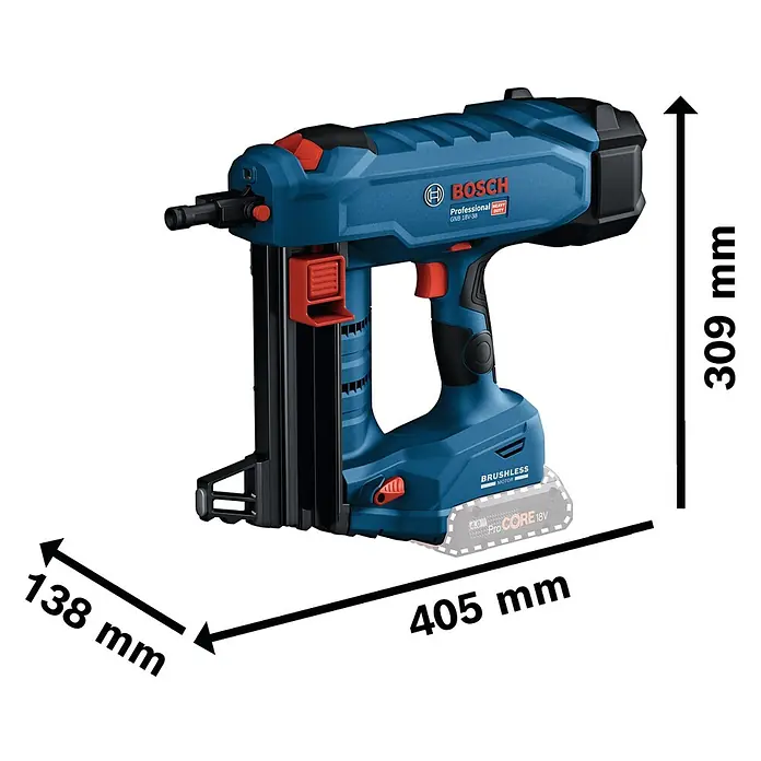 Bosch Professional Akku-Nagler GNB 18V-38PRO - 18 V, 2 Akkus, Länge Nagel: 13 mm - 38 mm - Blauer und schwarzer Bosch Professional Akku-Nagler (GNB 18V-38) mit den Maßen 405x309x138 mm, bürstenlosem Motor und 18V ProCORE Akku.