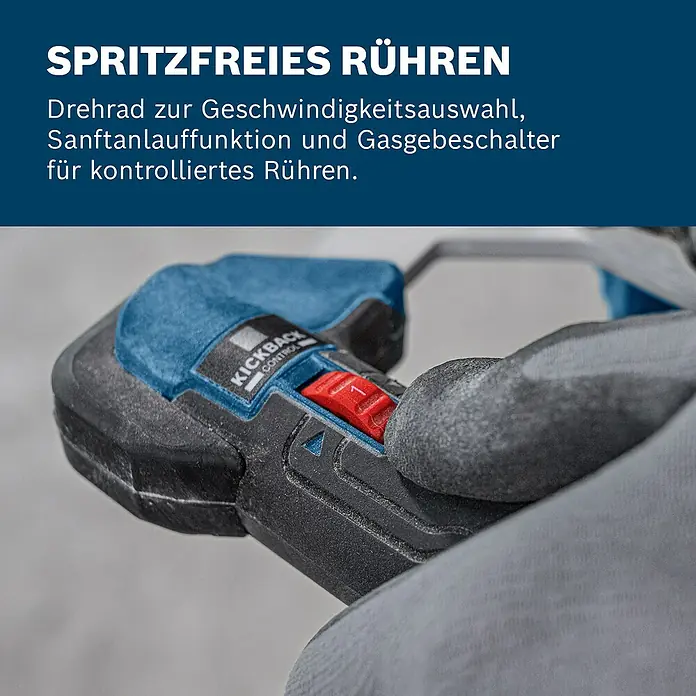 Bosch Professional Akku-Rührwerk GRW 18V- 160 PRO SOLO - 18 V, Anzahl Akkus: Ohne Akku - Blau-schwarzer Elektrowerkzeuggriff mit rotem Drehregler (Geschwindigkeitswahl) und KICKBACK CONTROL, von Hand gehalten.