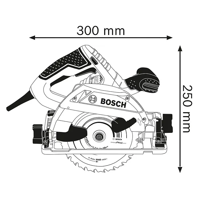 Bosch Professional Handkreissäge GKS 55+ GCE - 1.350 W, Durchmesser Sägeblatt: 165 mm - Strichzeichnung einer Bosch Handkreissäge mit 300x250mm Maßen und 165mm Sägeblatt.
