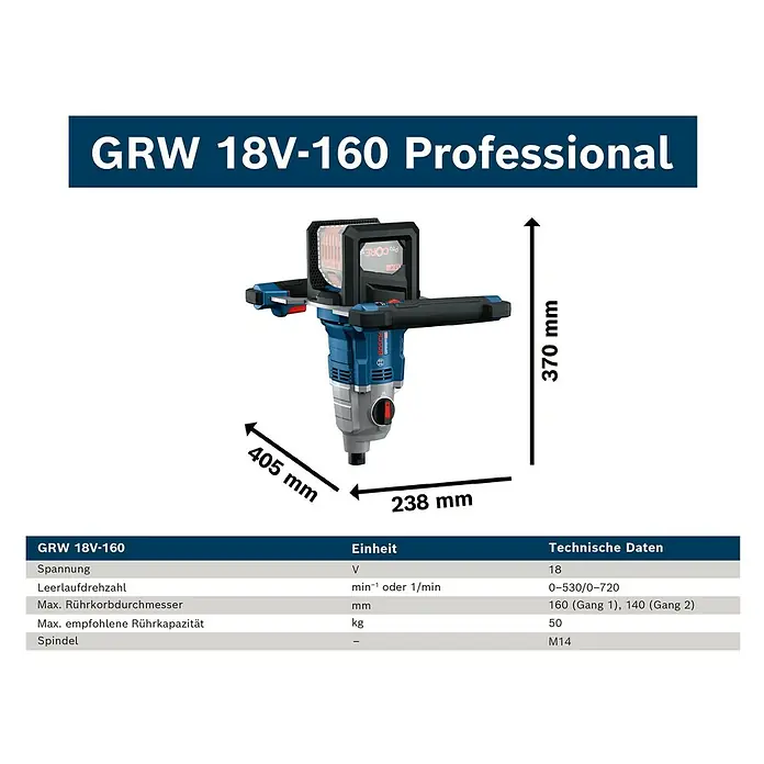 Bosch Professional Akku-Rührwerk GRW 18V- 160 PRO SOLO - 18 V, Anzahl Akkus: Ohne Akku - Blau-schwarzes Bosch GRW 18V-160 Professional Akku-Rührwerk mit Akku, Maße angezeigt.