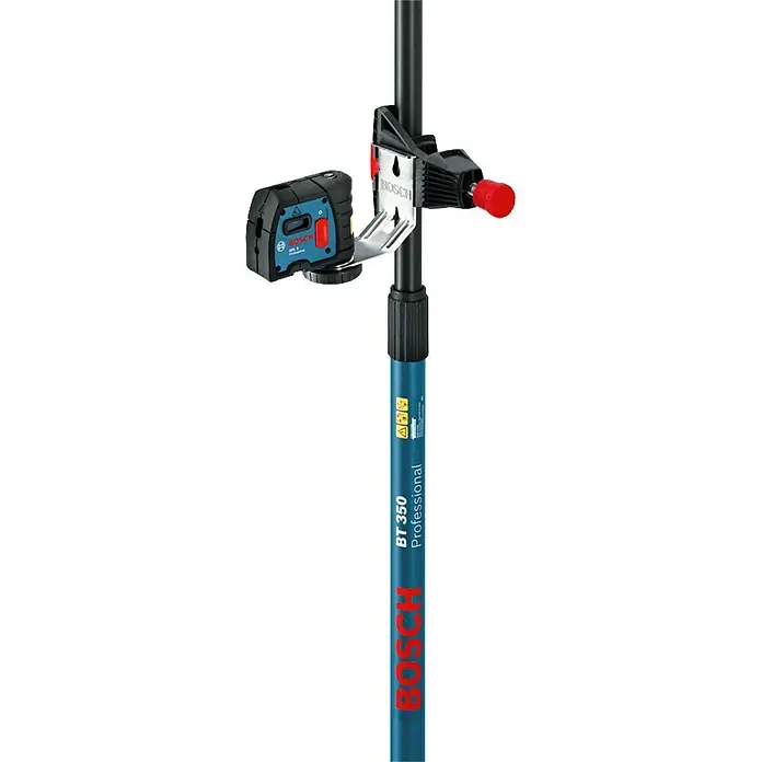 Bosch Professional Teleskopstange BT 350 - 140 cm - 350 cm - Blauer Bosch BT 350 Teleskopstab mit einem schwarz-blauen Bosch Laser-Nivelliergerät an einer schwarzen Halterung mit rotem Verstellknopf.
