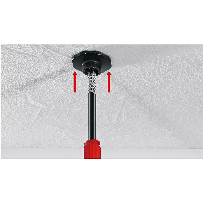 Bosch Professional Teleskopstange BT 350 - 140 cm - 350 cm - Schwarzer Sterngriff mit Federstange, der mit Pfeilen an eine strukturierte Decke drückt.
