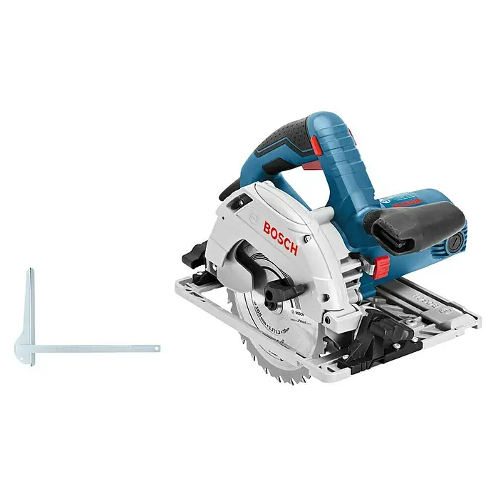 Bosch Professional Handkreissäge GKS 55+ GCE - 1.350 W, Durchmesser Sägeblatt: 165 mm - Blaue und weiße Bosch Handkreissäge mit Metallsägeblatt und weißem Führungswinkel.