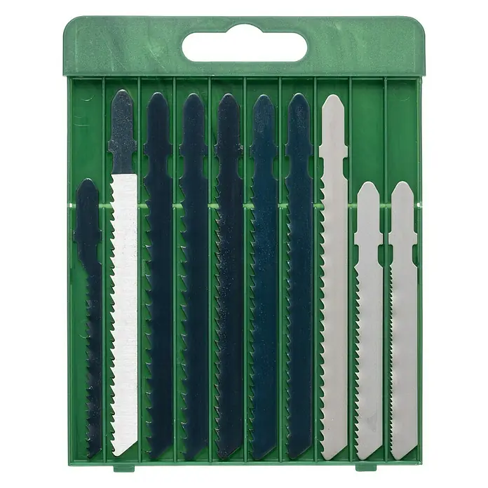 Bosch Juego de hojas de sierra de calar - Madera / metal / plástico, 10 pzs., Vástago en T - Surtido de hojas de sierra de calar de varios tamaños y tipos en una caja de plástico verde.