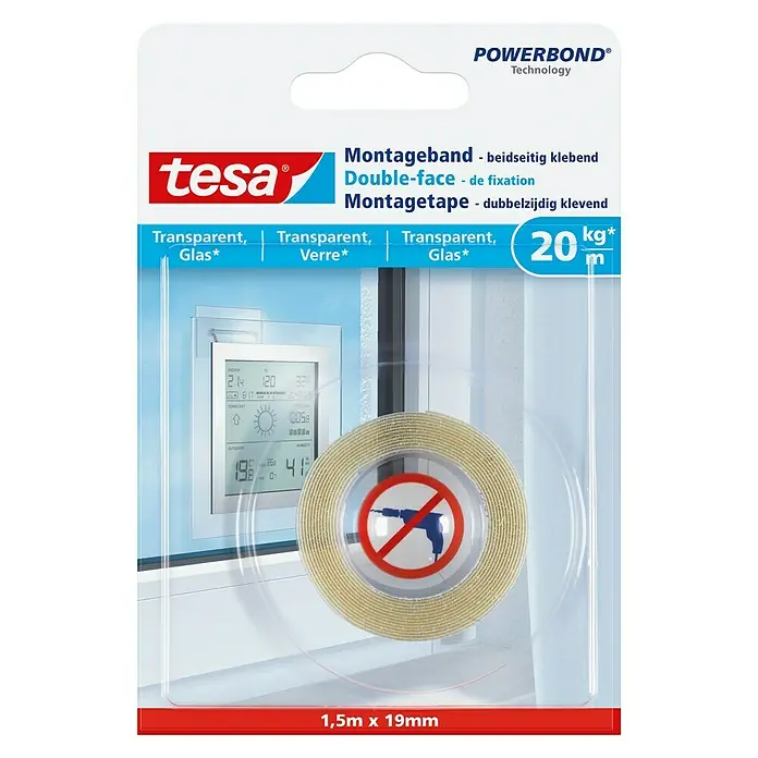 Tesa Montageband - Geeignet für: Glas, Belastbarkeit pro m: 20 kg, 1,5 m x 19 mm - Bild der Tesa Powerbond Montageband Transparent Glas Doppelklebeband Rolle, geeignet für die Montage auf Glasoberflächen.