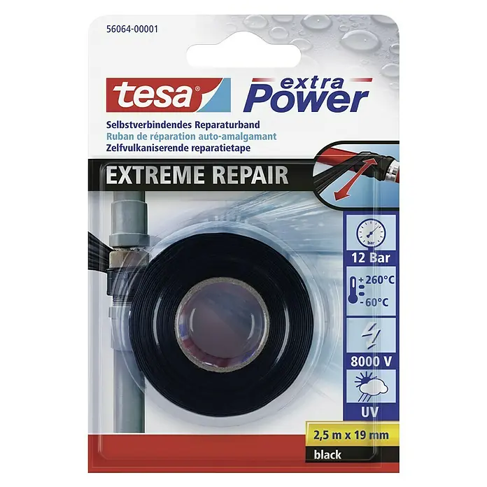 Tesa Extra Power Reparaturband Extreme Repair2,5 m x 19 mm, Schwarz, Selbstverschweißend - Abbildung eines Tesa extra Power Extreme Repair Selbstklebeband, schwarz, 2,5m x 19mm.