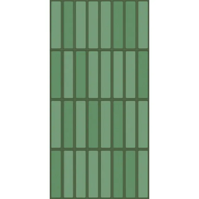 Revêt Wandpaneelmuster SPC Wall Butcherblock - Grün Hochglänzend, 280 x 160 x 3,7 mm - Grünes rechteckiges Fliesenmuster mit wechselnden Grüntönen und dunklen Fugen.