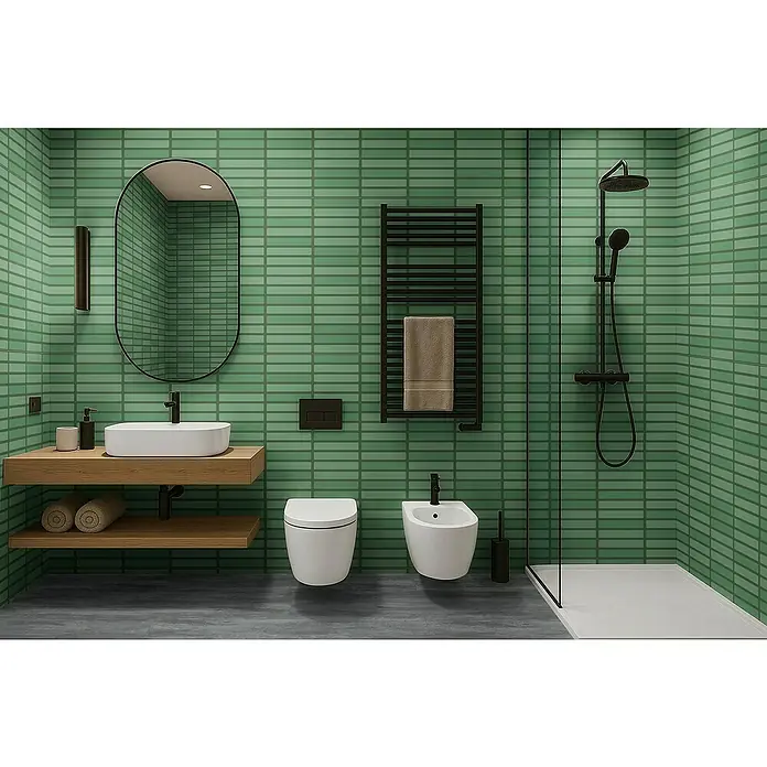 Revêt Wandpaneel SPC Wall Butcherblock - 1.200 x 600 mm, Grün, Hochglänzend - Ein modernes Badezimmer mit Waschtisch, Spiegel, Toilette, Bidet, Handtuchwärmer und Dusche.