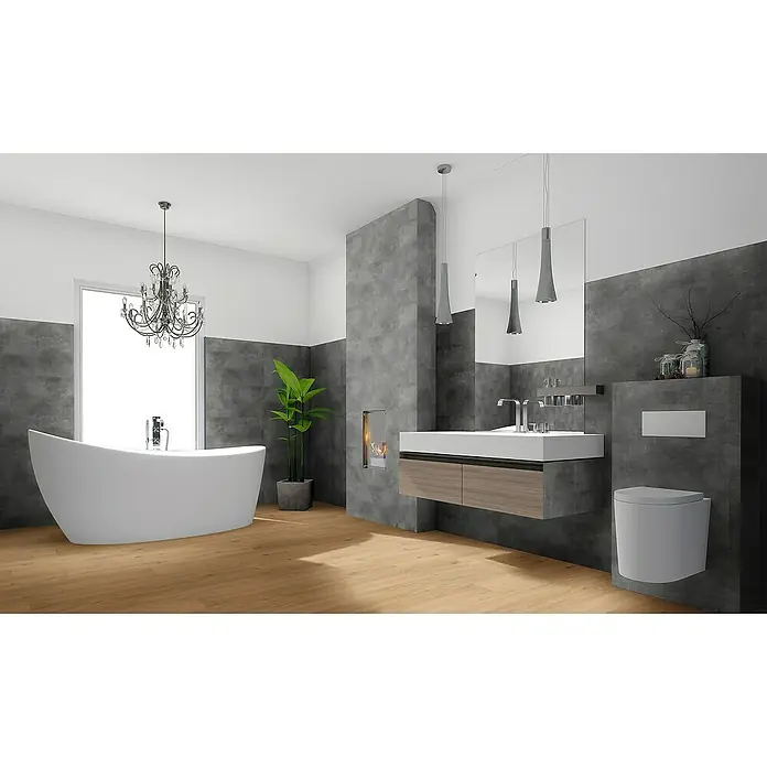 Revêt Wandpaneel SPC Wall - 1.200 x 600 mm, Beton Grau - Modernes Badezimmer mit weißer freistehender Badewanne, schwebendem Waschtisch und wandhängendem WC auf hellem Holzfußboden.