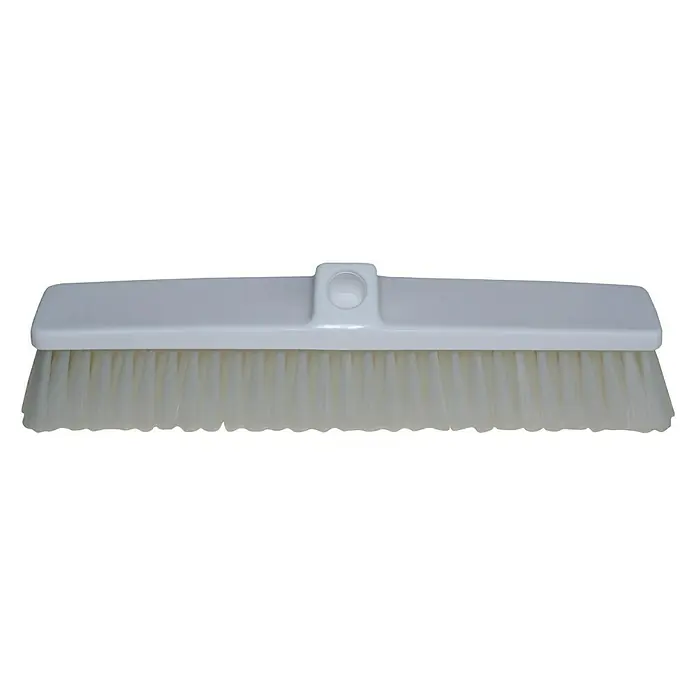 Haug Großraumbesen - Weiß ungeschlitzt, L x B x H: 6,3 x 38 x 5 cm, Material Borsten: Polyester PBT - Nahaufnahme einer weißen Bürste mit steifen Borsten und einem Kunststoffgriff für Reinigungsarbeiten.