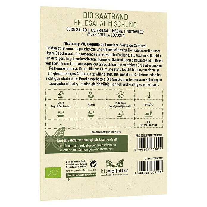 samenmaier Salatsamen Bio Saatband Feldsalat Mischung (Vit, Coquille de Louviers, Verte de Cambrai, Erntezeit: August) | BAUHAUS