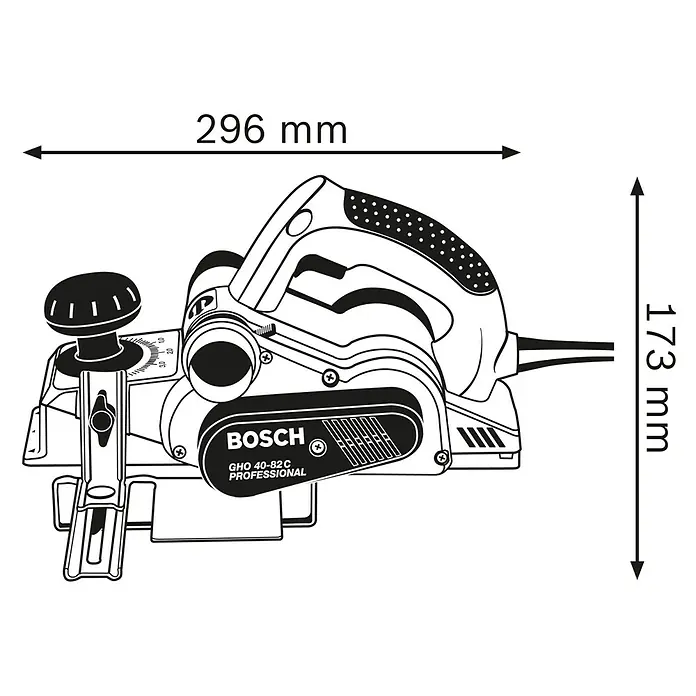 Bosch Professional Elektrohobel GHO 40-82 C - Hobeltiefe: 4 mm, Leerlaufdrehzahl: 14.000 U/min - Schwarz-weiße Strichzeichnung eines Bosch GHO 40-82 C Professional Elektrohobels, 296 mm lang und 173 mm hoch.