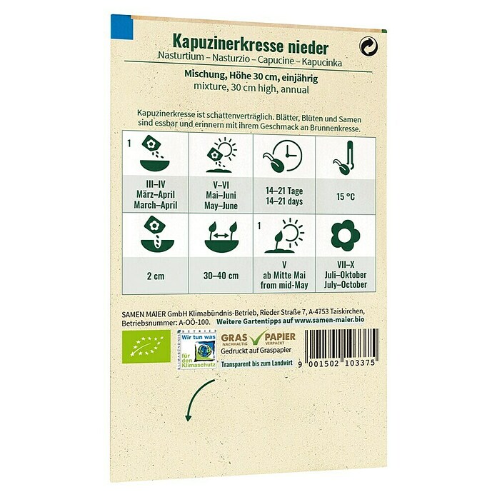 samenmaier Kräutersamen Bio Kapuzinerkresse niedrig (Tropaeolum majus nanum, Erntezeit: Juli) | BAUHAUS
