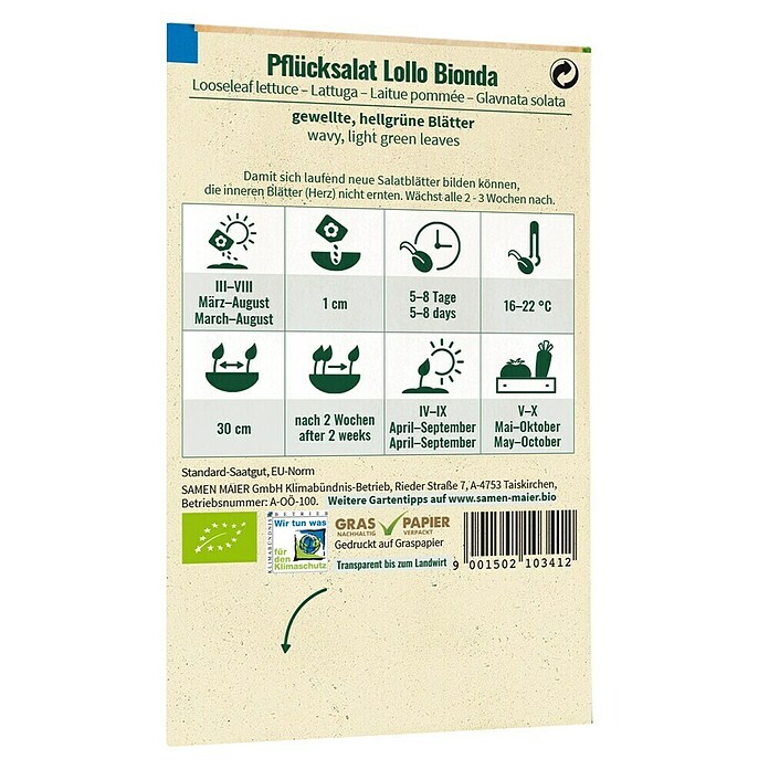samenmaier Salatsamen Bio Pflücksalat Lollo Bionda (Lactuca sativa var. crispa, Erntezeit: April, 1 g) | BAUHAUS