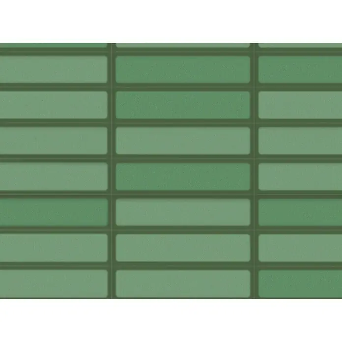 Revêt Wandpaneel SPC Wall Butcherblock - 1.200 x 600 mm, Grün, Hochglänzend - Grüne rechteckige Fliesen im Raster angeordnet, mit feiner Textur und unterschiedlichen Grüntönen.