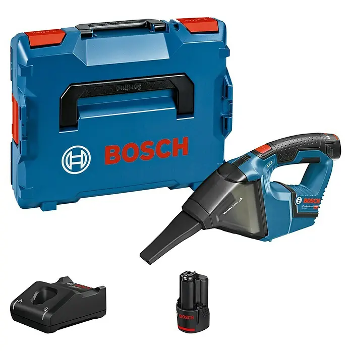 Bosch Professional Akku-Staubsauger - 12 V, 2 Akkus, Behältervolumen: 0,35 l - Blaues Bosch Werkzeugset mit kabellosem Handstaubsauger, Ladegerät und Akku für die mobile Reinigung.