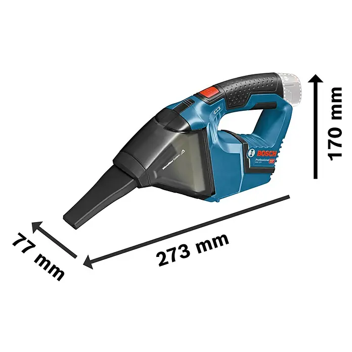 Bosch Professional Akku-Staubsauger - 12 V, 2 Akkus, Behältervolumen: 0,35 l - Blauer und schwarzer Bosch Professional Akku-Handstaubsauger mit Maßen.