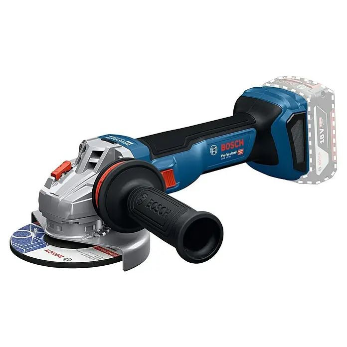 Bosch Professional AMPShare 18V Akku-Winkelschleifer GWS 18V-11 PRO SOLO - Ohne Akku, Durchmesser Scheibe: 125 mm - Blau-schwarzer Bosch Akku-Winkelschleifer mit Schleifscheibe, schwarzem Zusatzhandgriff und angebrachtem Akku.
