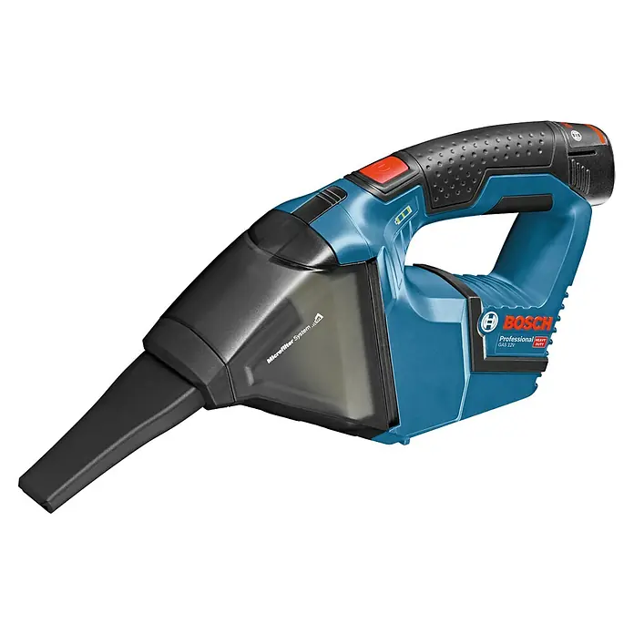 Bosch Professional Akku-Staubsauger - 12 V, 2 Akkus, Behältervolumen: 0,35 l - Blauer und schwarzer Bosch Akku-Handstaubsauger mit transparentem Staubbehälter.