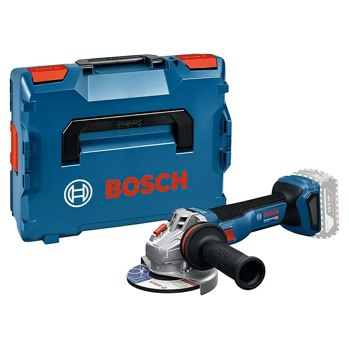Bosch Professional AMPShare 18V Akku-Winkelschleifer GWS 18V-11 PRO SOLO - Ohne Akku, Durchmesser Scheibe: 125 mm - Blaue Bosch-Transportbox und ein Akku-Winkelschleifer mit 18V-Akku.