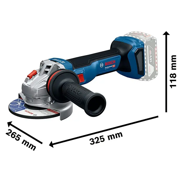 Bosch Professional AMPShare 18V Akku-Winkelschleifer GWS 18V-11 PRO SOLO - Ohne Akku, Durchmesser Scheibe: 125 mm - Kabelloser Bosch Professional Winkelschleifer GWS 18V-11 mit 18V Akku, blau-schwarz, silbernem Kopf. Maße: 325x118x265mm.