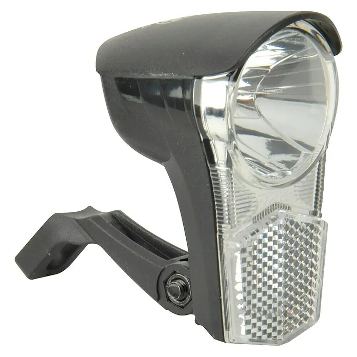 Fischer LED-Frontlicht - Beleuchtungsstärke: 15 lx - Nahaufnahme einer schwarzen Fahrradlampe mit Reflektor für erhöhte Sichtbarkeit und Sicherheit im Straßenverkehr.