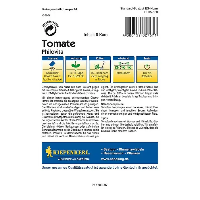 Kiepenkerl Profi-Line Gemüsesamen Tomate Philovita - Lycopersicon esculentum, Erntezeit: Juli - Bild einer Tomatensamenpackung der Sorte Philovita, einer resistenten Cherrytomate für den Anbau im Freien und im Gewächshaus.