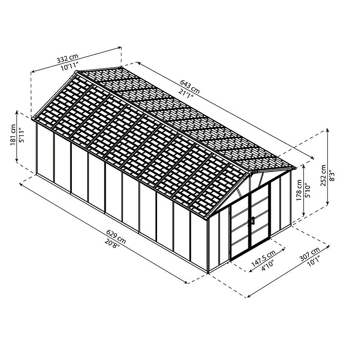 Palram – Canopia Gartenhaus Yukon (Außenmaß inkl. Dachüberstand (B x T): 332 x 643 cm, Kunststoff, Grau, Mit Boden) | BAUHAUS