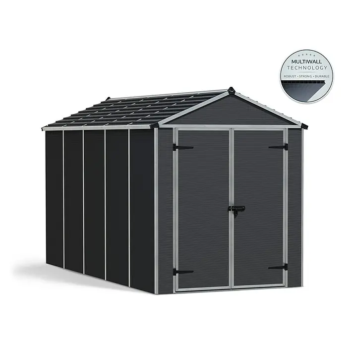 Palram – Canopia Gartenhaus Rubicon - Außenmaß inkl. Dachüberstand (B x T): 1,85 x 3,78 m, Kunststoff, Grau - Dunkelgraues Gartenhaus mit Satteldach und Doppeltüren, mit Multiwall-Technologie für robuste und langlebige Lagerung.