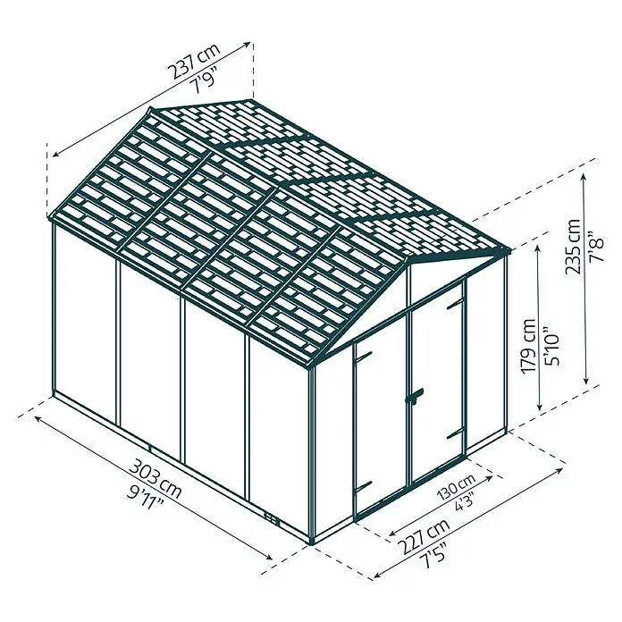 Palram – Canopia Gartenhaus Rubicon - Außenmaß inkl. Dachüberstand (B x T): 237,1 x 3,03 m, Kunststoff, Grau - Dunkelgrüner Gartenschuppen mit Giebeldach und Doppeltüren, Maße angegeben.