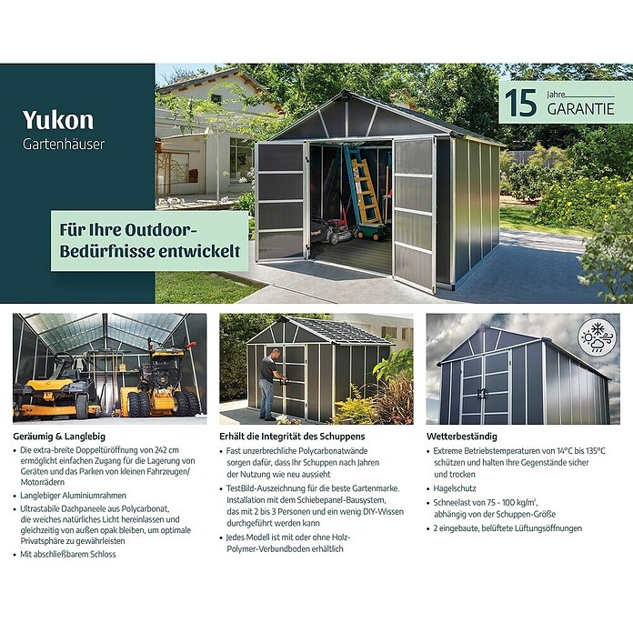 Palram – Canopia Gartenhaus Yukon (Außenmaß inkl. Dachüberstand (B x T): 332 x 643 cm, Kunststoff, Grau, Mit Boden) | BAUHAUS