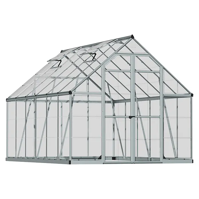 Palram – Canopia Gewächshaus Octave - Außenmaß inkl. Dachüberstand (B x T): 244 x 367 cm, Material Seitenwand: Kunststoff, 0,7 mm, Silber - Gewächshaus mit Aluminiumrahmen, transparenten Wänden und Dach, sowie mehreren Dachlüftungen und einer Vordertür.
