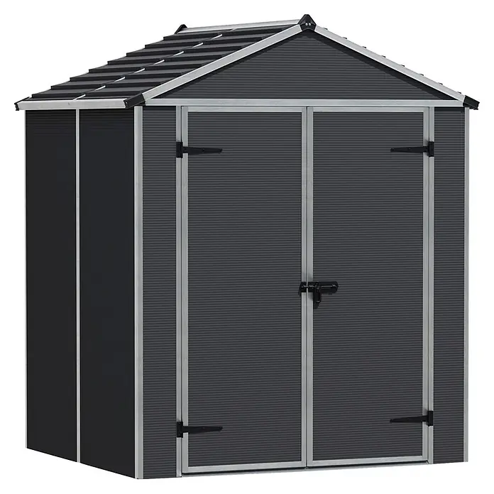 Palram – Canopia Gartenhaus Rubicon - Außenmaß inkl. Dachüberstand (B x T): 1,85 x 1,54 m, Kunststoff, Grau - Dunkelgrauer Metall-Gartenschuppen mit Satteldach und Doppeltüren zur Aufbewahrung im Freien.