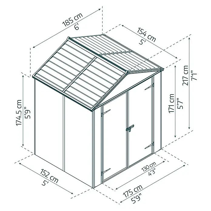 Palram – Canopia Gartenhaus Rubicon - Außenmaß inkl. Dachüberstand (B x T): 1,85 x 1,54 m, Kunststoff, Grau - Maßzeichnung eines Metallgeräteschuppens mit Doppeltüren und Abmessungen in cm und Fuß/Zoll.