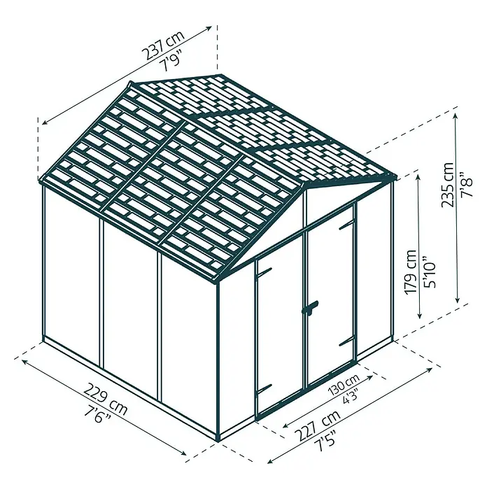Palram – Canopia Gartenhaus Rubicon - Außenmaß inkl. Dachüberstand (B x T): 237 x 229 cm, Kunststoff, Anthrazit/Grau - Gartenschuppen mit transparenten Wänden, Pultdach, Doppeltüren. Basis 227x229 cm, vordere Höhe 179 cm, hintere Höhe 235 cm.