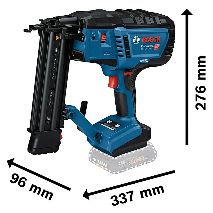 Bosch Professional Akku-Nagler GNH 18V-50 M PRO SOLO - 18 V, Ohne Akku, Länge Nagel: 16 mm - 50 mm - Blauer und schwarzer Bosch GNH 18V-50 M Akku-Nagler mit Batterie und Abmessungen 276x337x96 mm.