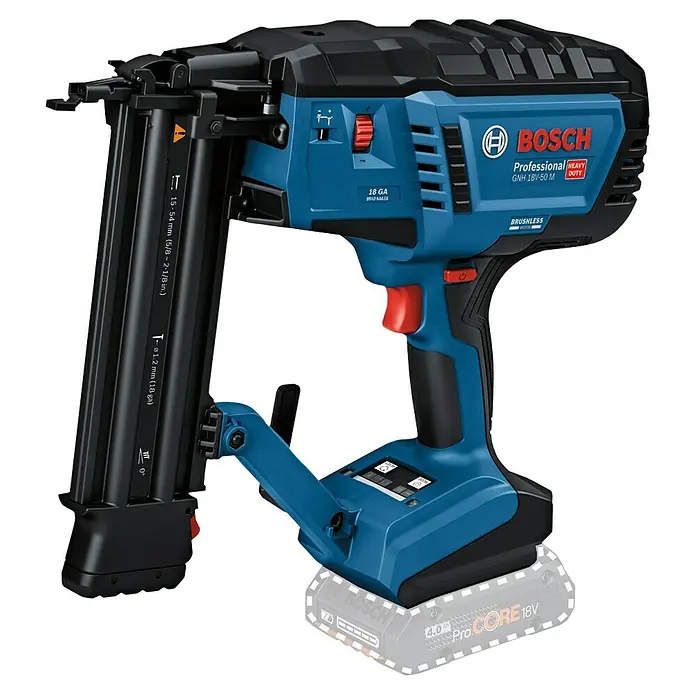 Bosch Professional Akku-Nagler GNH 18V-50 M PRO SOLO - 18 V, Ohne Akku, Länge Nagel: 16 mm - 50 mm - Blau-schwarzer Bosch Professional 18V Akku-Nagler, ein robustes Elektrowerkzeug mit angeschlossenem Akku.