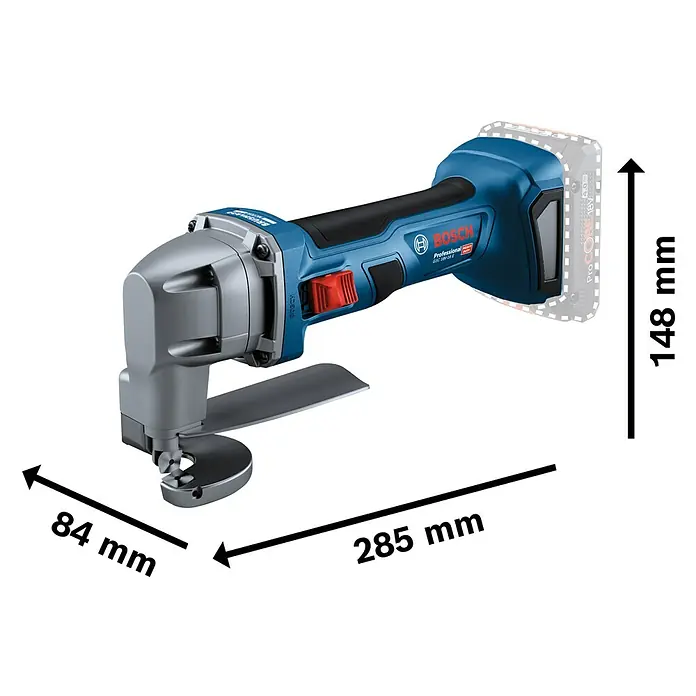 Bosch Professional AMPShare 18V Akku-Blechschere Heavy Duty GSC 18V-16 E - 18 V, Ohne Akku, Leerlaufhubzahl: 3.200 /min - Blaue und graue Bosch Akku-Blechschere. Mit schwarzem Griff und rotem Abzug. Misst 285x148mm.