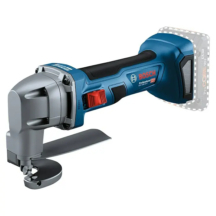 Bosch Professional AMPShare 18V Akku-Blechschere Heavy Duty GSC 18V-16 E - 18 V, Ohne Akku, Leerlaufhubzahl: 3.200 /min - Blau-graue Bosch Akku-Blechschere mit angeschlossenem 18V-Akku.