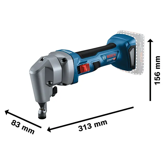Bosch Professional AMPShare 18V Akku-Nager GNA 18V-16 E Pro Solo - 18 V, Ohne Akku, Leerlaufhubzahl: 1.400 /min - Blau-graue Bosch Akku-Blechschere GNA 18V-16 E, Maße: 313 mm Länge, 156 mm Höhe, 83 mm Breite.