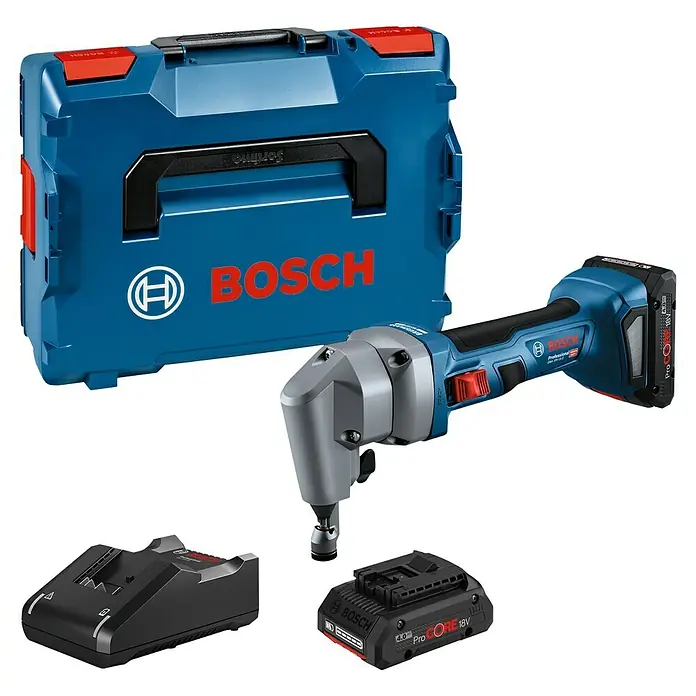 Bosch Professional Akku-Nager GNA 18V-16 E PRO - 18 V, 2 Akkus, 12 Ah - Bosch Akku-Knabber-Set: blaue Box, grau-blaues Werkzeug, schwarzer Akku und Ladegerät.