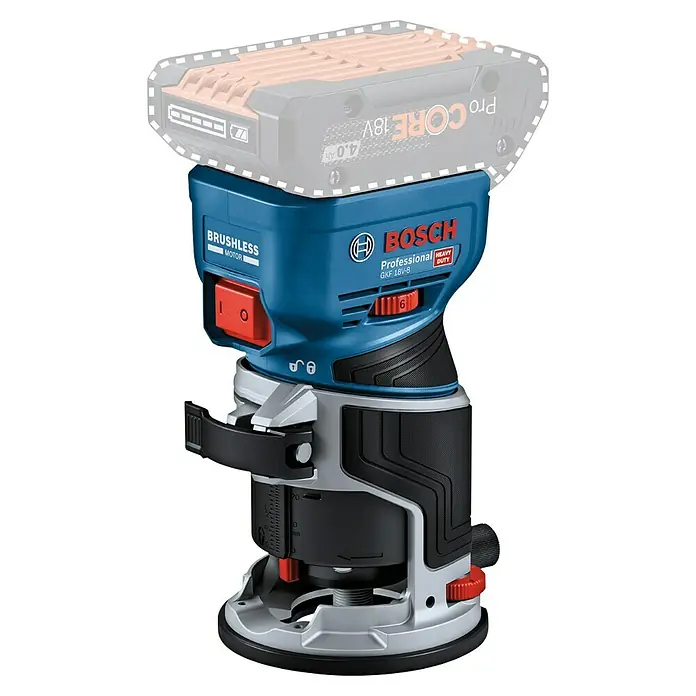 Bosch Professional AMPShare 18V Akku-Kantenfräser GKF 18V-8 PRO SOLO - 18 V, Ohne Akku, Leerlaufdrehzahl: 10.000 U/min - 30.000 U/min - Blauer und schwarzer Bosch GKF 18V-8 Akku-Oberfräse mit rotem Schalter und Drehregler, für präzise Holzarbeiten.