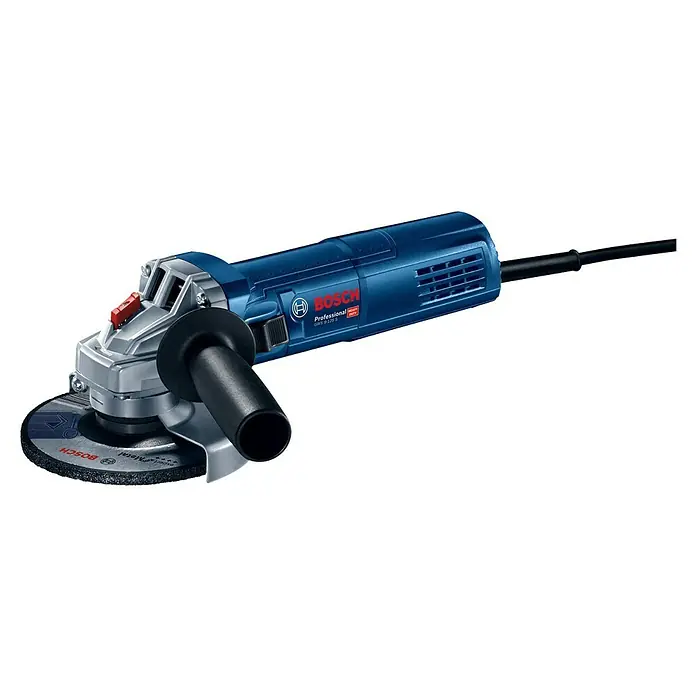 Bosch Professional Elektro-Winkelschleifer GWS 9-125 S - Durchmesser Scheibe: 125 mm, Leerlaufdrehzahl: 2.800 U/min - 11.000 U/min - Blau-silberner Bosch Professional Winkelschleifer mit schwarzem Zusatzhandgriff und Trennscheibe, mit rotem Netzschalter.