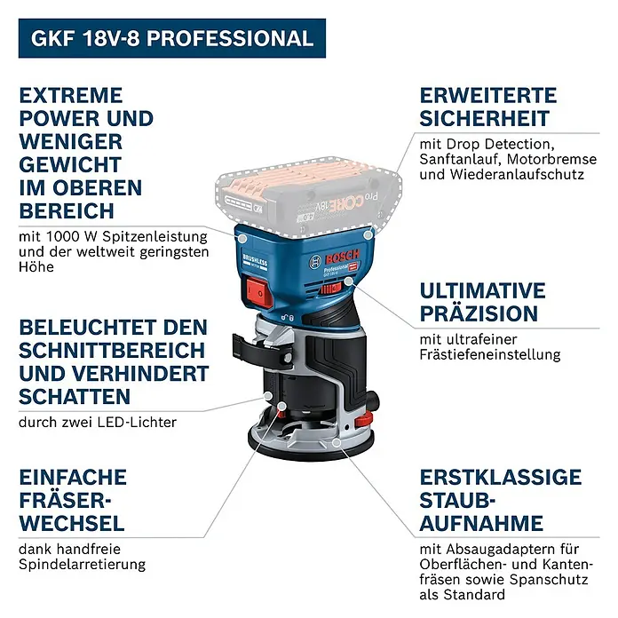 Bosch Professional AMPShare 18V Akku-Kantenfräser GKF 18V-8 - 18 V, Ohne Akku, 10.000 U/min - 30.000 U/min - Kabellose Bosch GKF 18V-8 Professional Oberfräse in Blau und Schwarz, mit 18V Akku. Sie bietet präzises Fräsen und erweiterte Sicherheitsfunktionen.