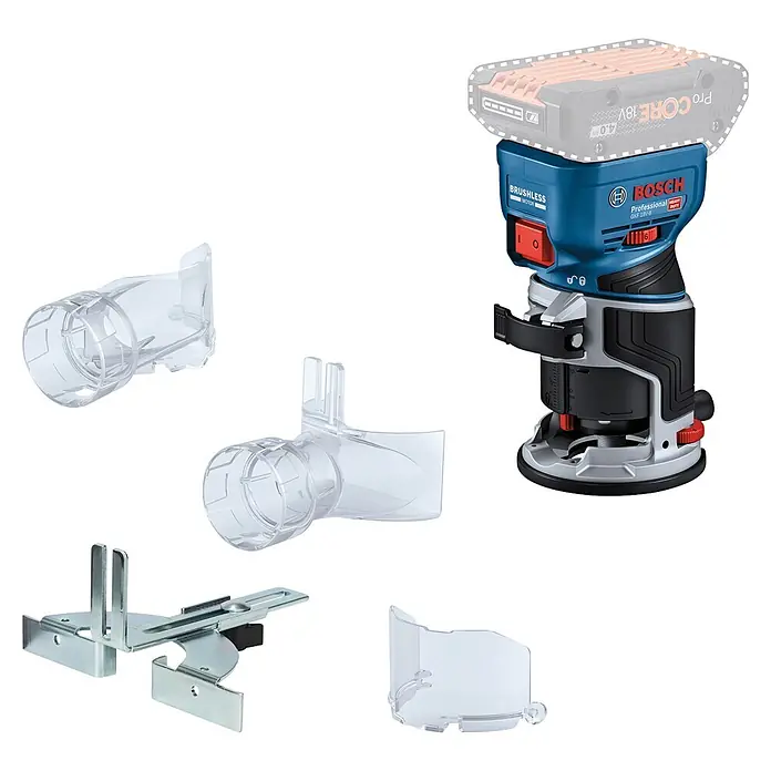 Bosch Professional AMPShare 18V Akku-Kantenfräser GKF 18V-8 PRO SOLO - 18 V, Ohne Akku, Leerlaufdrehzahl: 10.000 U/min - 30.000 U/min - Blauer und schwarzer Bosch Akku-Oberfräse mit Akku und diversen durchsichtigen Kunststoff- und Metallzubehörteilen, inklusive Staubabsaugung und Führungen.