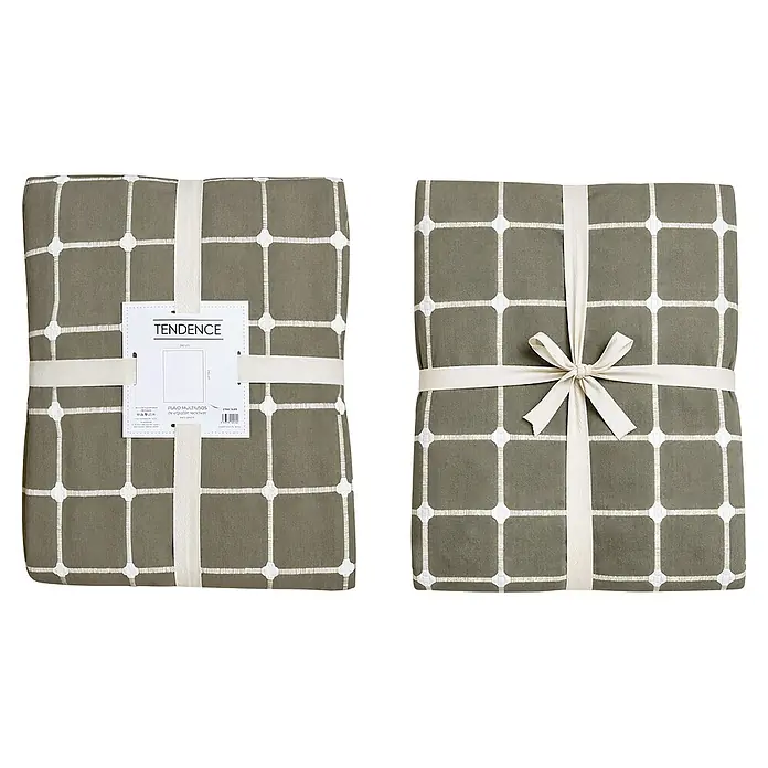 Colcha Edna - 260 x 240 cm, 65% algodón y 35% poliéster, Verde - Textil verde oliva doblado con patrón de cuadrícula blanca y cuadrados redondeados, atado con una cinta color crema.
