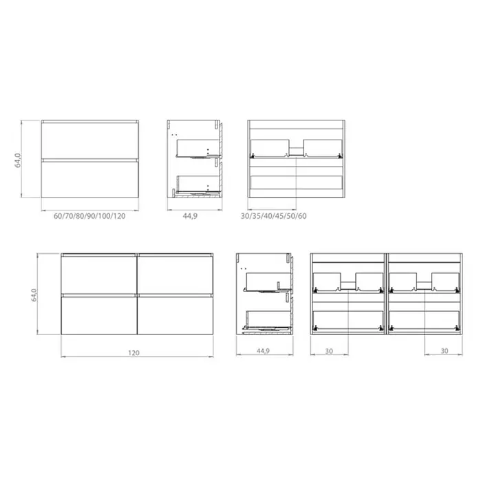 Mueble bajo de lavabo Isa 2 senos - An x Pr x Al: 120 x 44,6 x 54,5 cm, Roble, Apertura con uñero ingletado 45 grados - Dibujos técnicos de un mueble modular de dos cajones con varias opciones de ancho y profundidad.