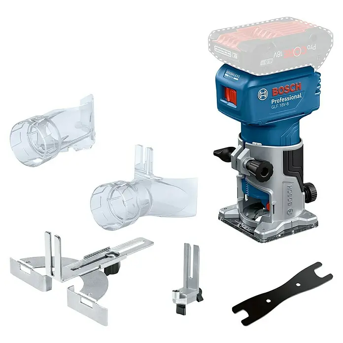 Bosch Professional AMPShare 18V Akku-Kantenfräser GLF 18V-8 PRO SOLO - 18 V, Ohne Akku, 10.000 U/min - 30.000 U/min, Ohne L-Boxx - Blauer und silberner Bosch Akku-Oberfräse mit transparenten Staubadaptern, Metallführungen und einem schwarzen Schraubenschlüssel.