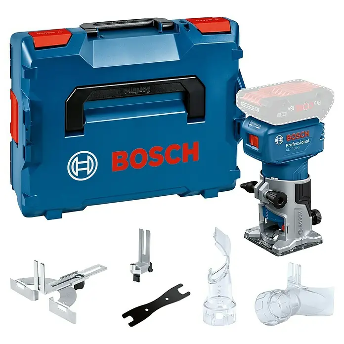 Bosch Professional AMPShare 18V Akku-Kantenfräser GLF 18V-8 PRO SOLO - 18 V, Ohne Akku, 10.000 U/min - 30.000 U/min, Inkl. L-Boxx - Bosch blauer Akku-Oberfräse mit 18V Akku, Koffer und verschiedenen Fräsführungen.